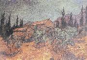 Huts surrounded by olive trees and cypresses